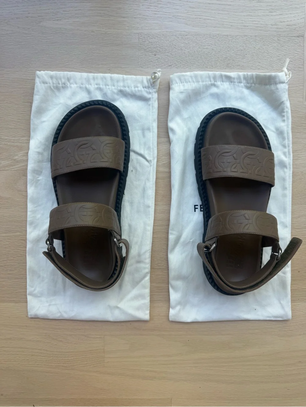Ferragamo Notorius Leather Gancini Strap Sandals Brown Mens